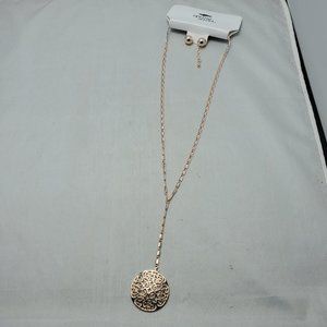 Spring Street rose gold medallion necklace set with stud earring NWT